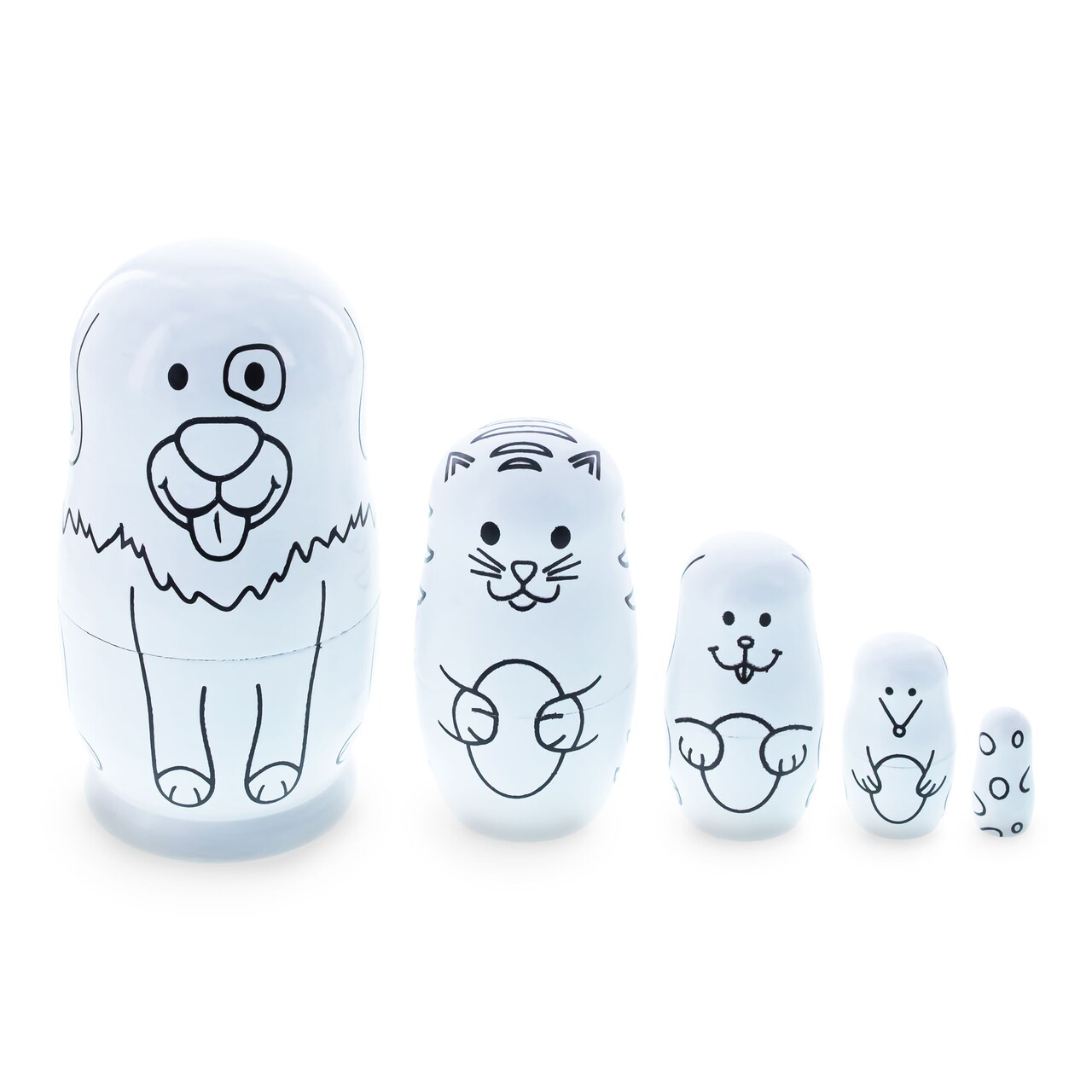 5 Unpainted Animals Wooden Nesting Dolls Matryoshka 4.75 Inches